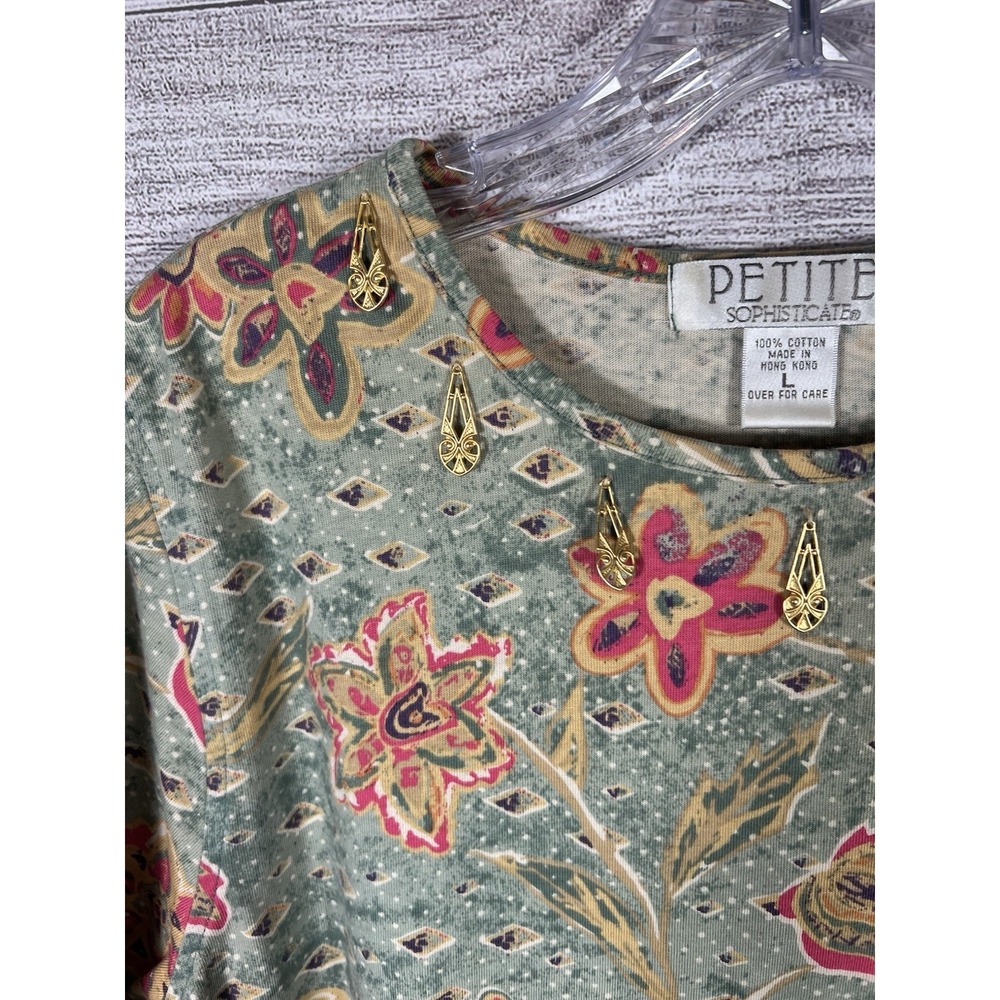 Vintage Petite Sophisticates Womens Large Floral Cottagecore Top Green Pink - Picture 4 of 5